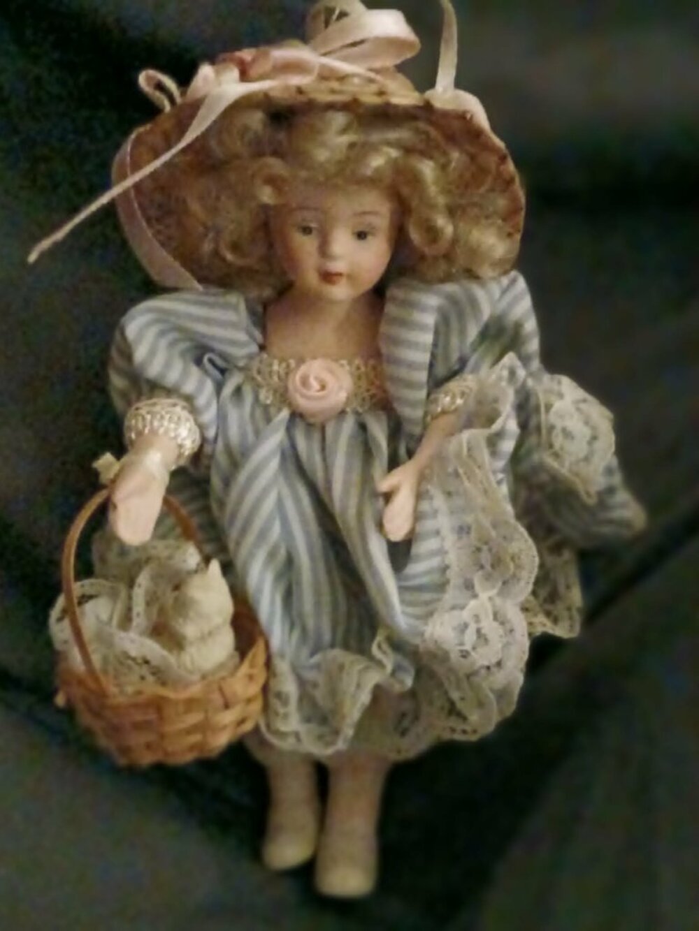 Vintage Jocelyn Mostrom Porcelain Doll With Cat in Basket for Kurt S. Adler Co.
